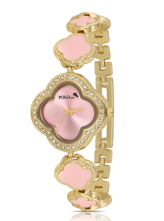 Yonca Desenli Kadın Kol Saati Kalp Bileklik Kombin Gold Pembe Renk Pl-1559B3 Pembe  - Altın Pl-1559B3