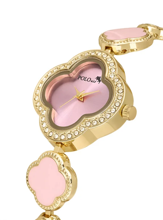 Yonca Desenli Kadın Kol Saati Kalp Bileklik Kombin Gold Pembe Renk Pl-1559B3 Pembe  - Altın Pl-1559B3