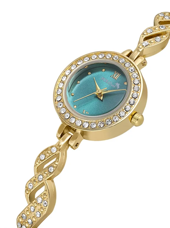 Zarif Vintage Kadın Kol Saati Zirkon Taşlı Yuvarlak Bileklik Kombin Gold Yeşil Renk Pl-1538B3 Yeşil Pl-1538B3