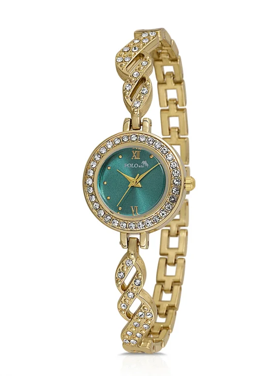 Zarif Vintage Kadın Kol Saati Zirkon Taşlı Yuvarlak Bileklik Kombin Gold Yeşil Renk Pl-1538B3 Yeşil Pl-1538B3