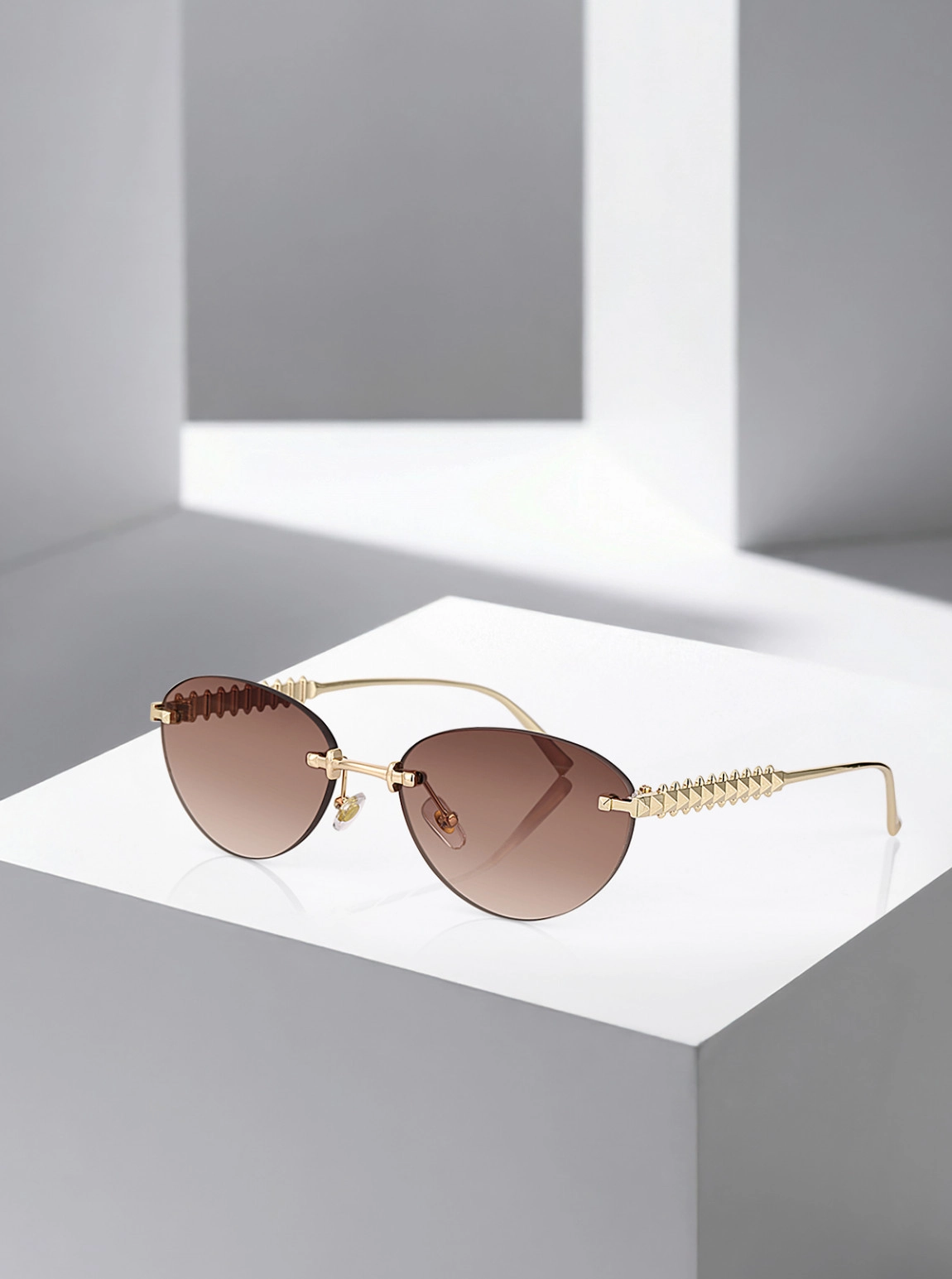 Uv400 Korumalı Çerçevesiz Cat Eye Kadın Güneş Gözlüğü Kahverengi Gold Renk Plg-2122C2