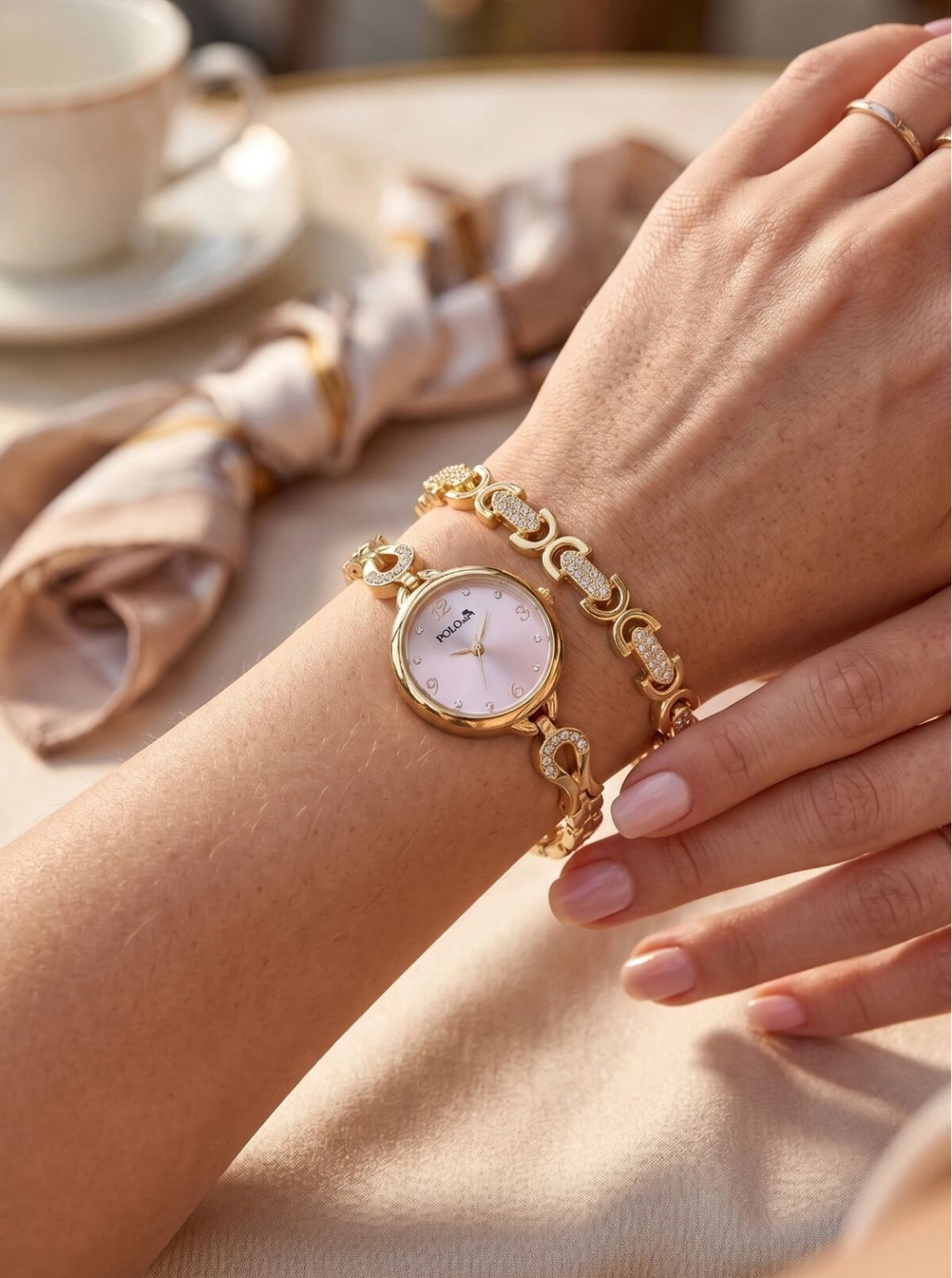 Vintage Kadın Kol Saati Ve Oval Bileklik Kombin Gold Pembe Renk Pl-1599B3
