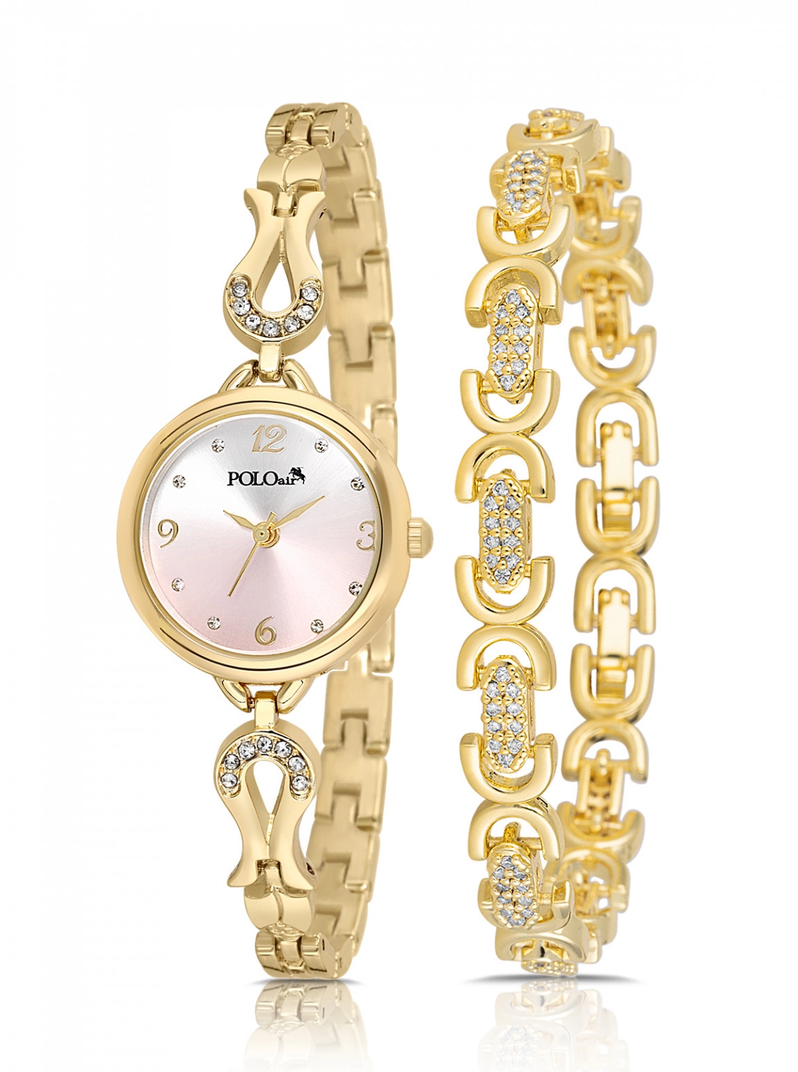 Vintage Kadın Kol Saati Ve Oval Bileklik Kombin Gold Pembe Renk Pl-1599B3