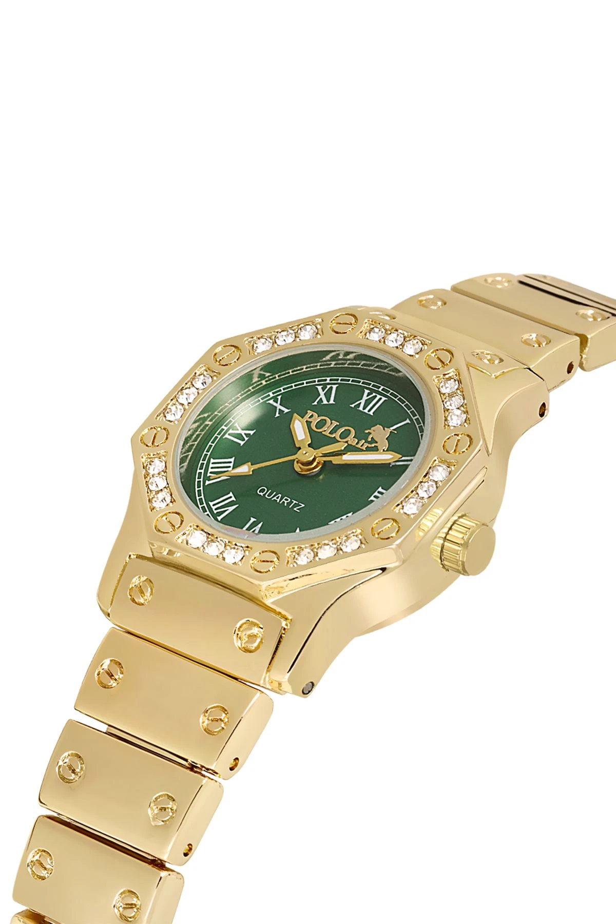 Vintage Kadın Kol Saati Zirkon Taşlı Su Yolu Bileklik Kombin Gold Yeşil Pl-1502B3 Gold-Yeşil Pl-1502B3