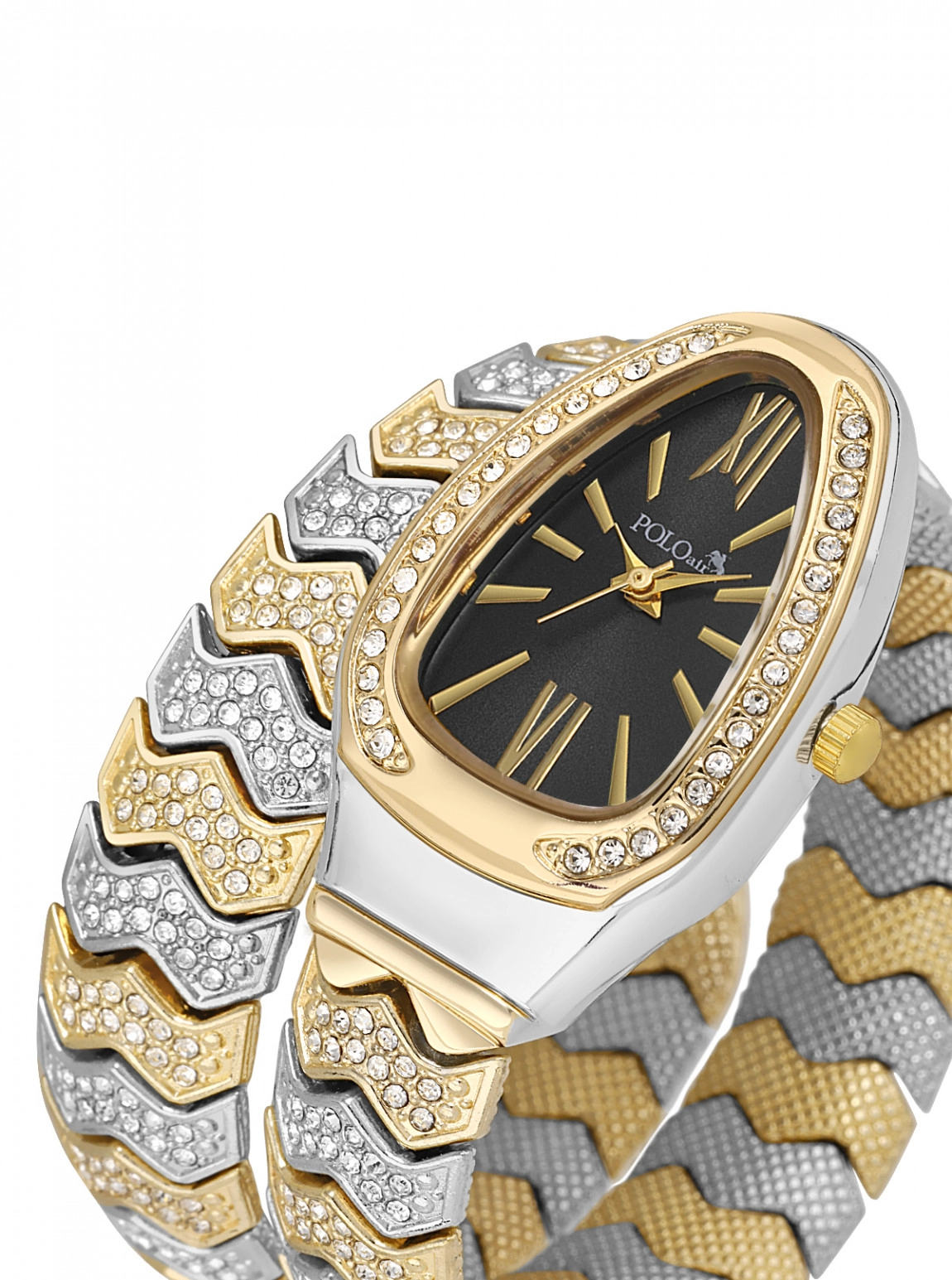 Yılan Model Lüx Taşlı Kadın Kol Saati Gold Gümüş Siyah Renk Pl-1614B3X