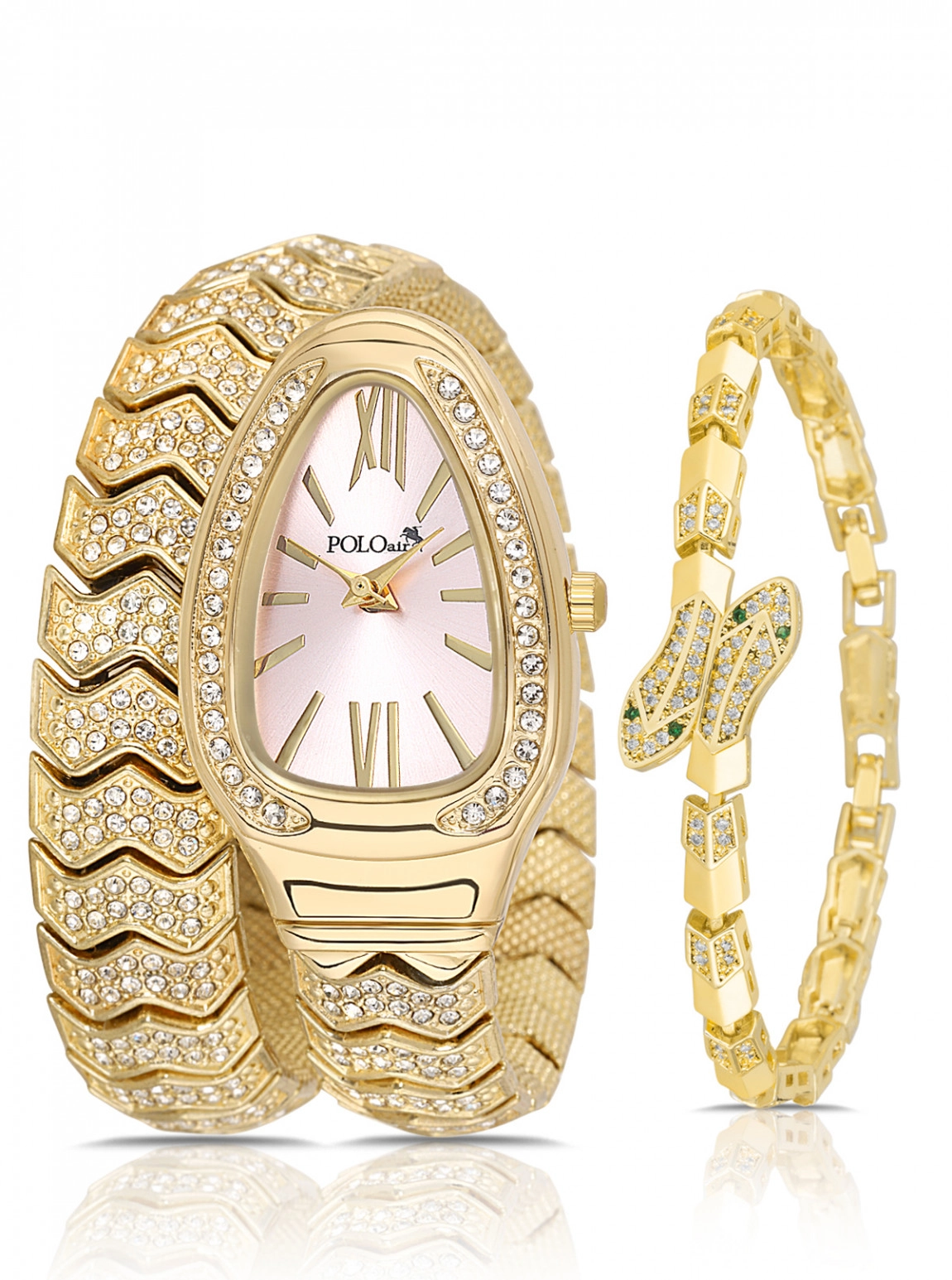 Yılan Model Lüx Taşlı Kadın Kol Saati Ve Yılan Bileklik Kombin Gold Pembe Renk Pl-1614B4